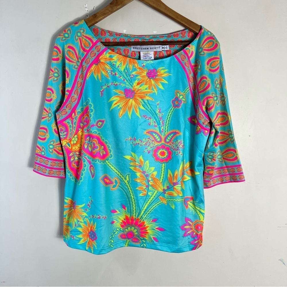 Gretchen Scott Pink Blue Size Medium Bright Paisley Floral Boxy Top 3/4 Sleeves